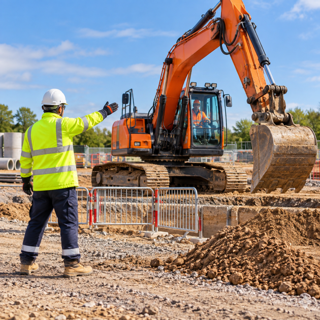 Excavation marshal guiding an excavator from behind a safety barrier.