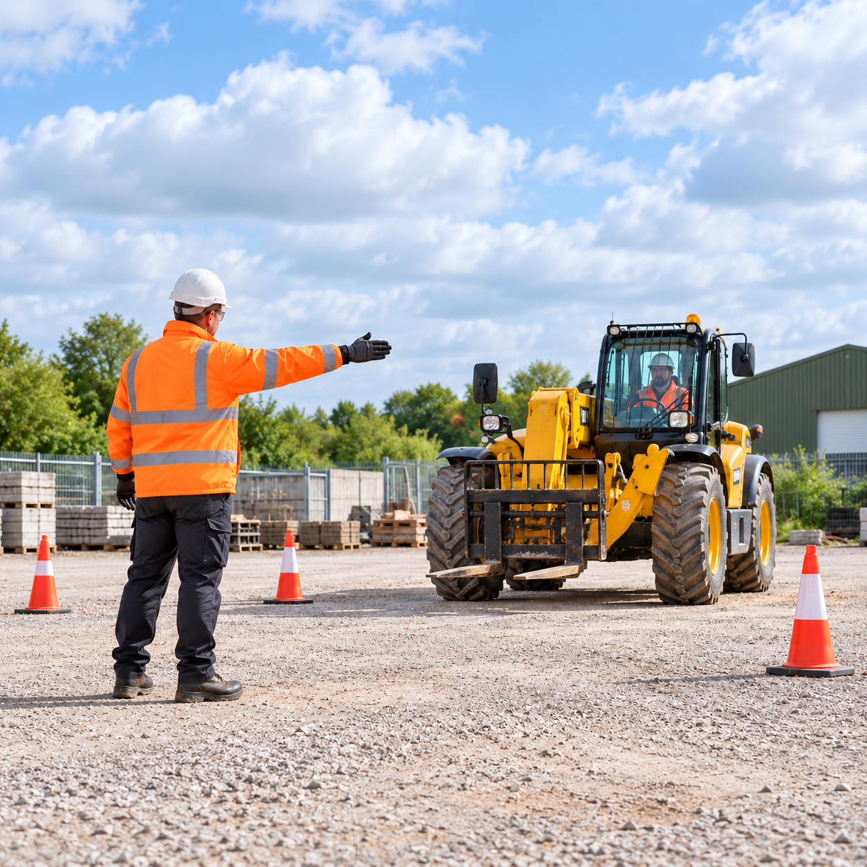 Plant machinery marshal signalling to a telehandler operator in a construction training yard.