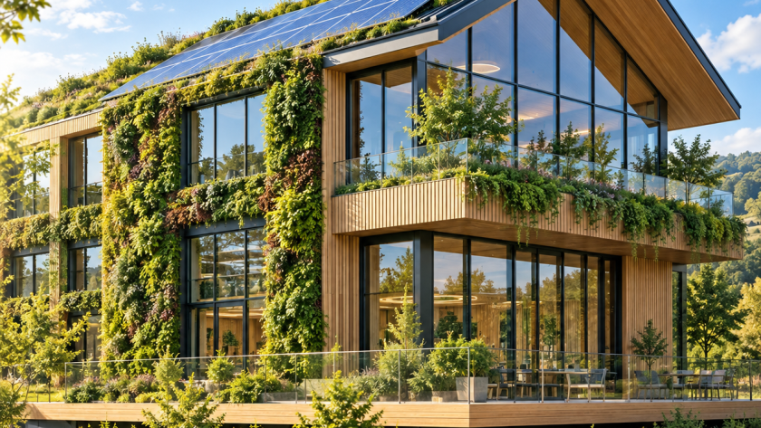 Modern timber-clad building with solar panels, a green roof and living walls.