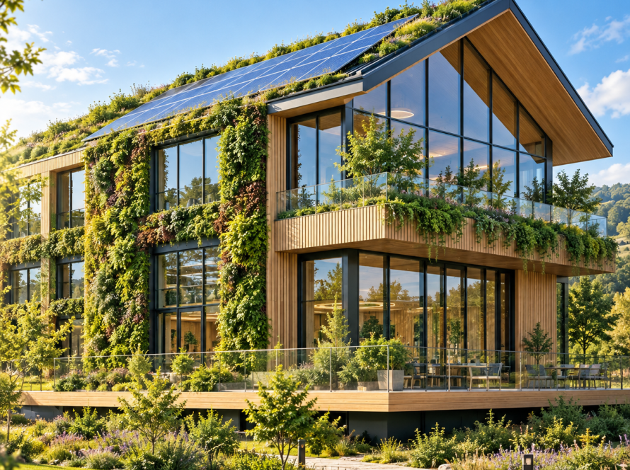 Modern timber-clad building with solar panels, a green roof and living walls.